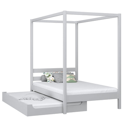 Wooden canopy bed with mattress drawer grey – scandi child’s room