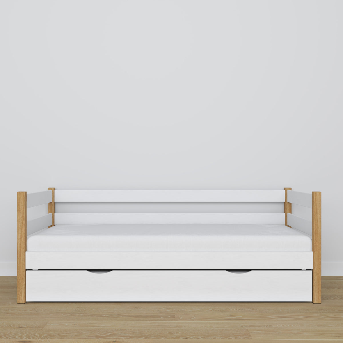 Sofa-lova su stalčiumi ant balto ir ąžuolo medinio čiužinio - išmatavimai, Nizio