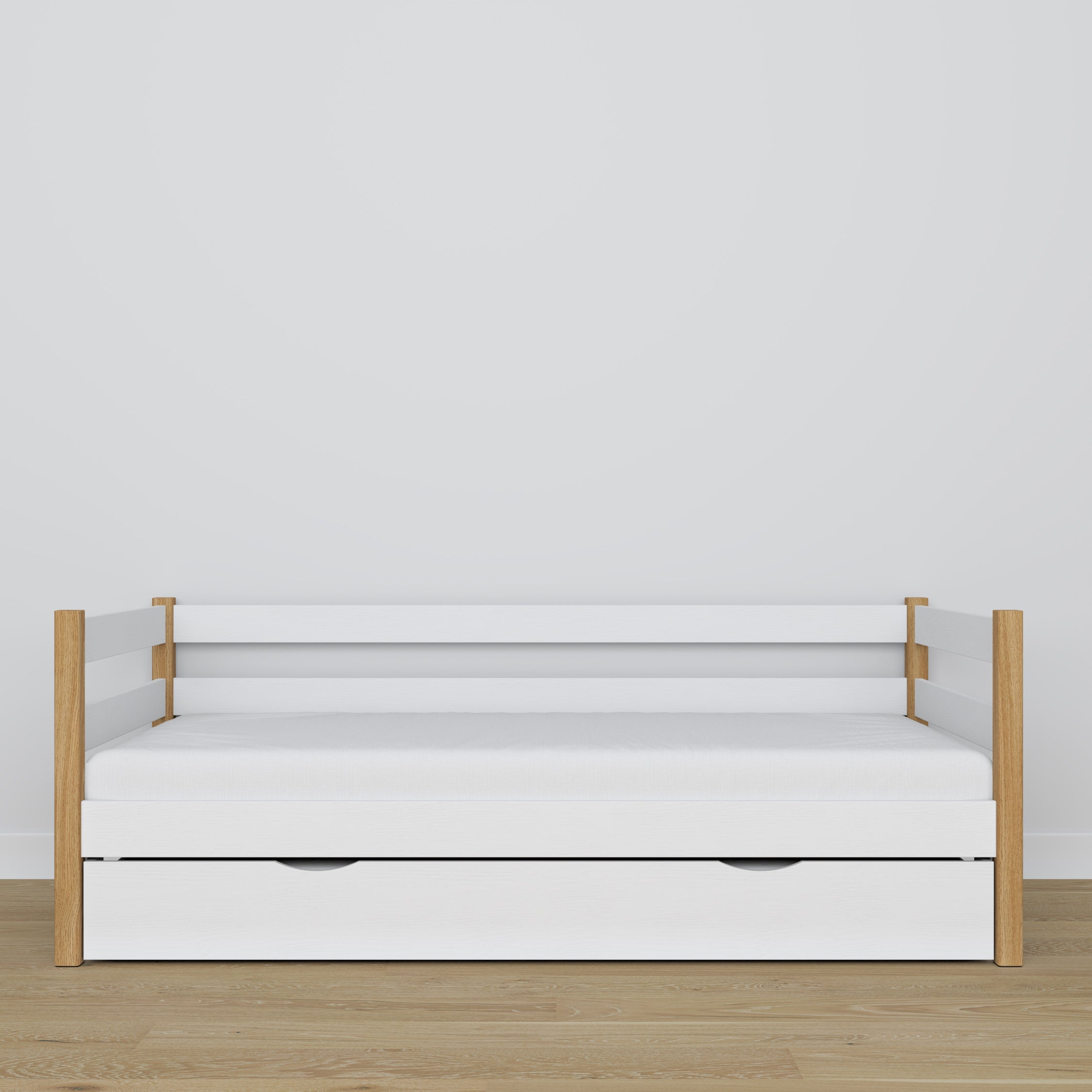 Sofa-lova su stalčiumi ant balto ir ąžuolo medinio čiužinio - išmatavimai, Nizio