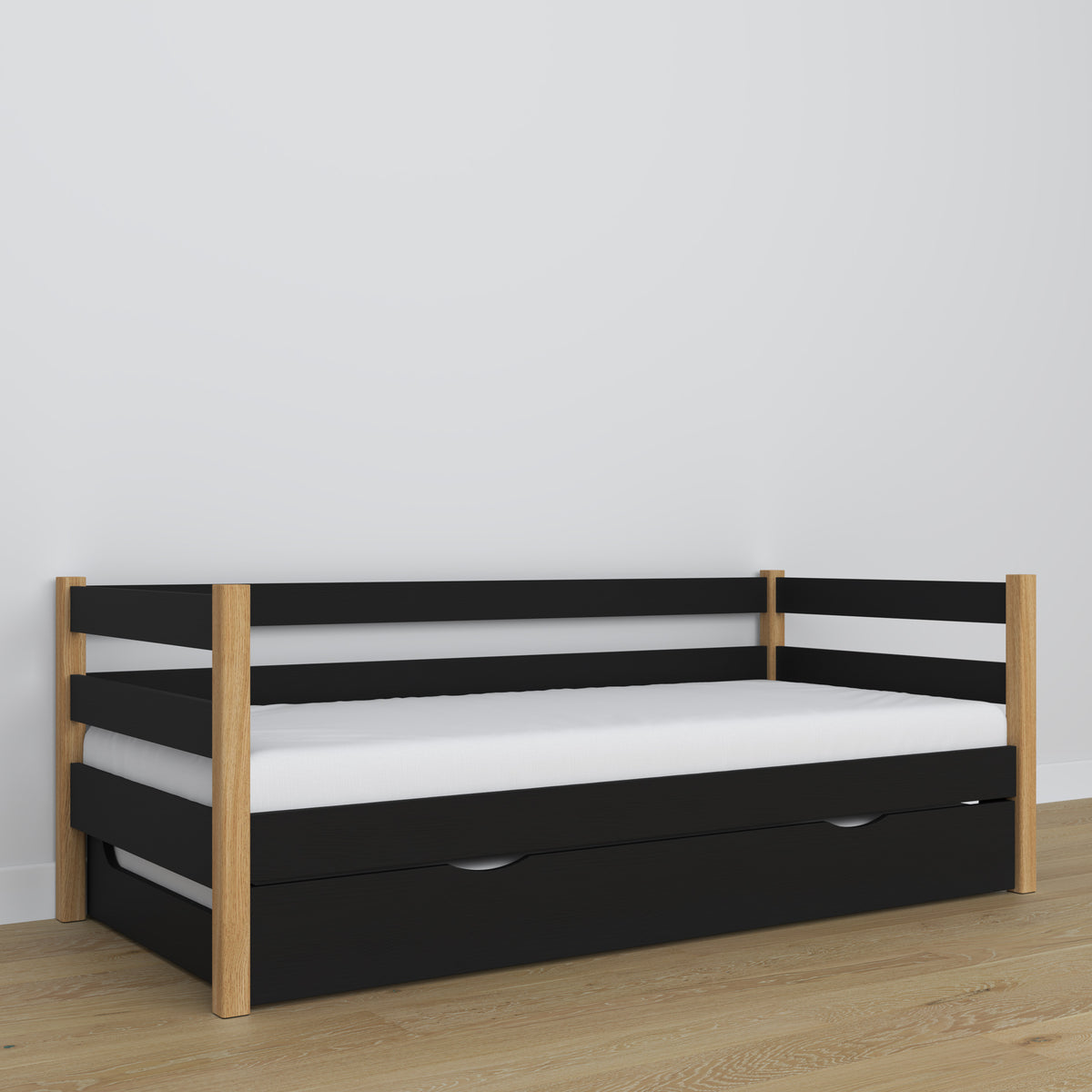 Juodos ir ąžuolo spalvos sofa-lova - medinės detalės, aukštos kokybės Nizio