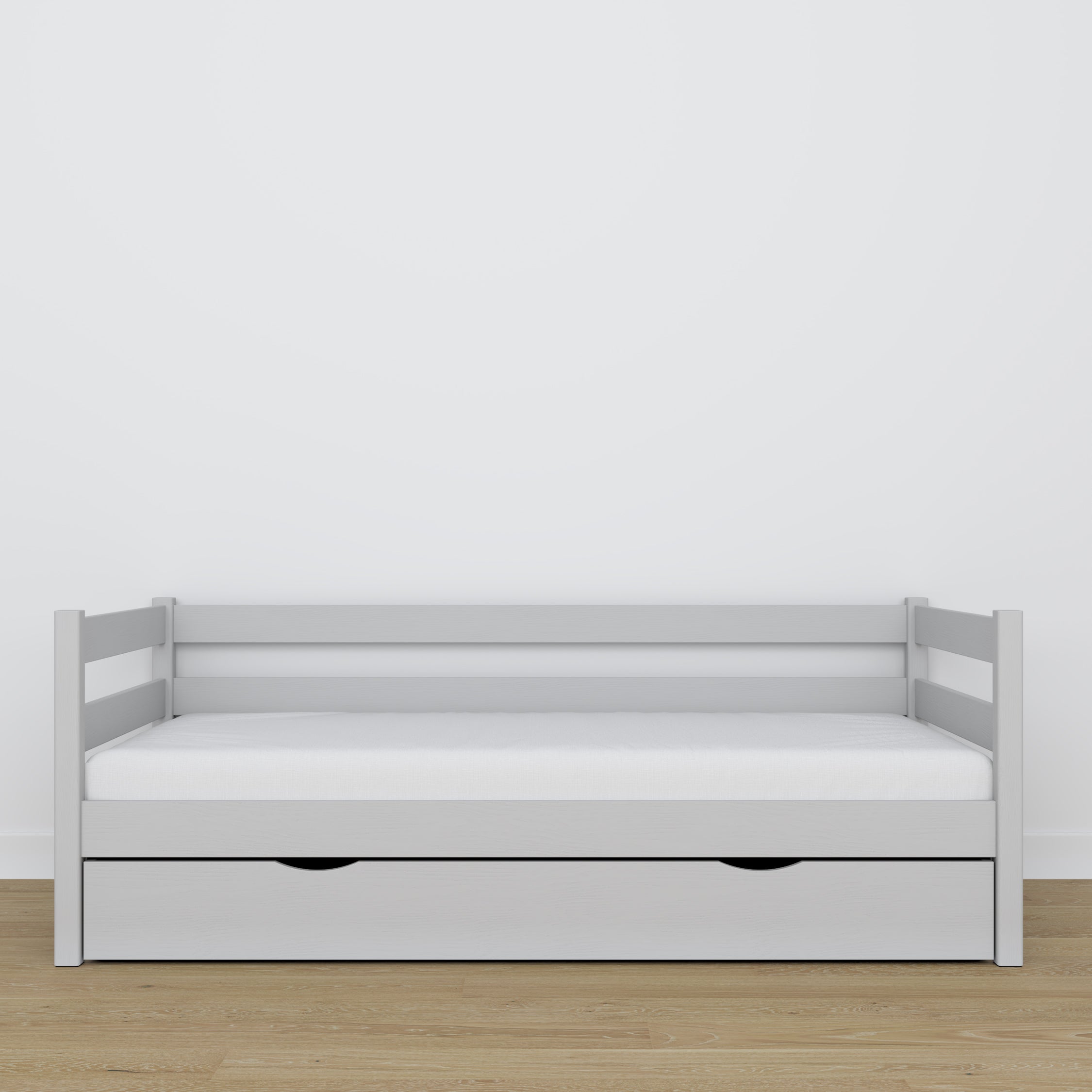 Łóżko sofa z szufladą popielaty z drewna – wymiary i schemat, Nizio