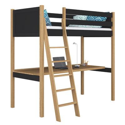 Black and Oak Wooden Loft Bed with Desk – Children’s Room, Scandi Nizio