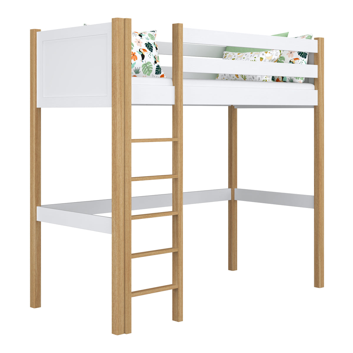 Loft bed white/oak – wooden ladder and safety rail, Nizio Home