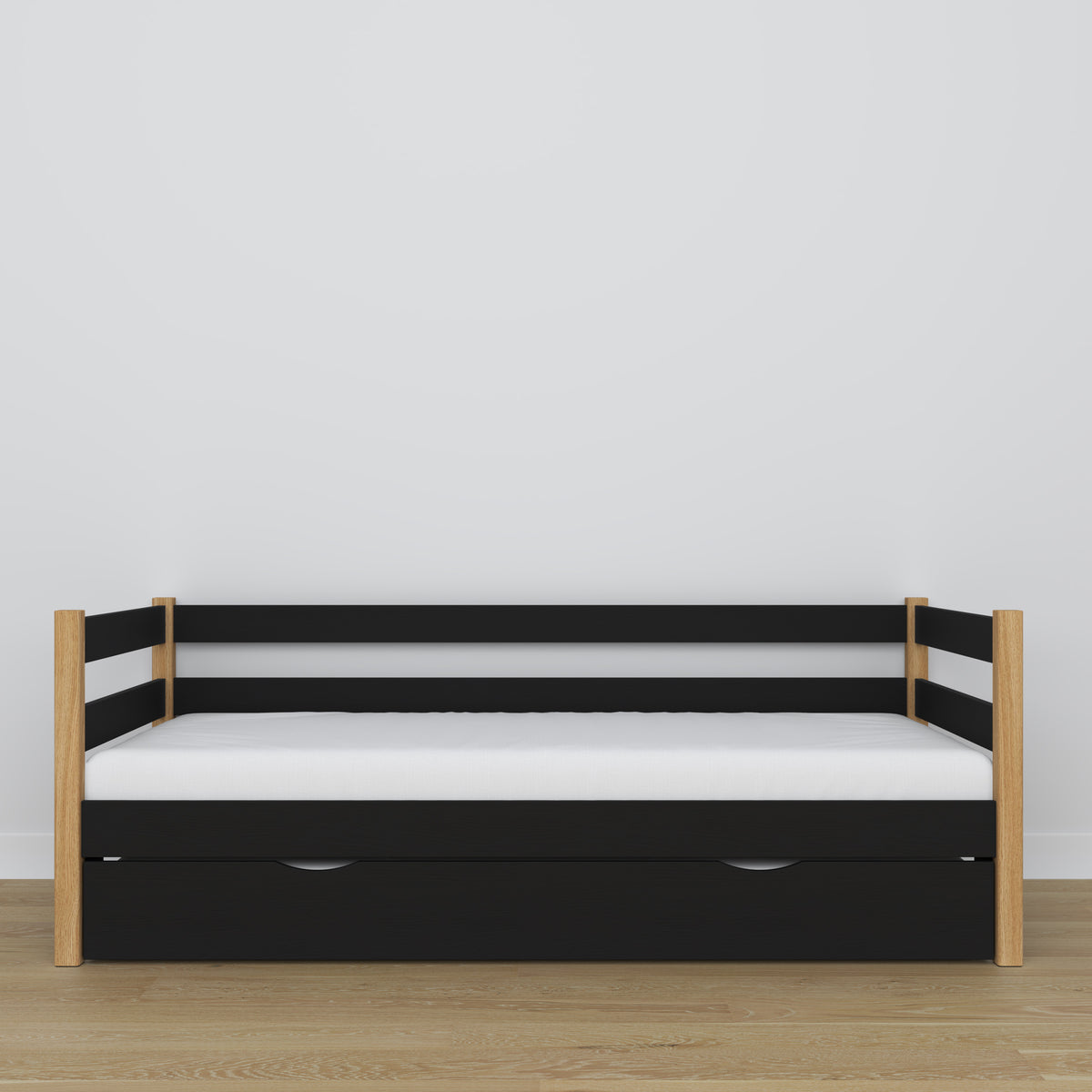 Sofa-lova su stalčiumi ant juodo ir ąžuolinio medinio čiužinio - išmatavimai, Nizio