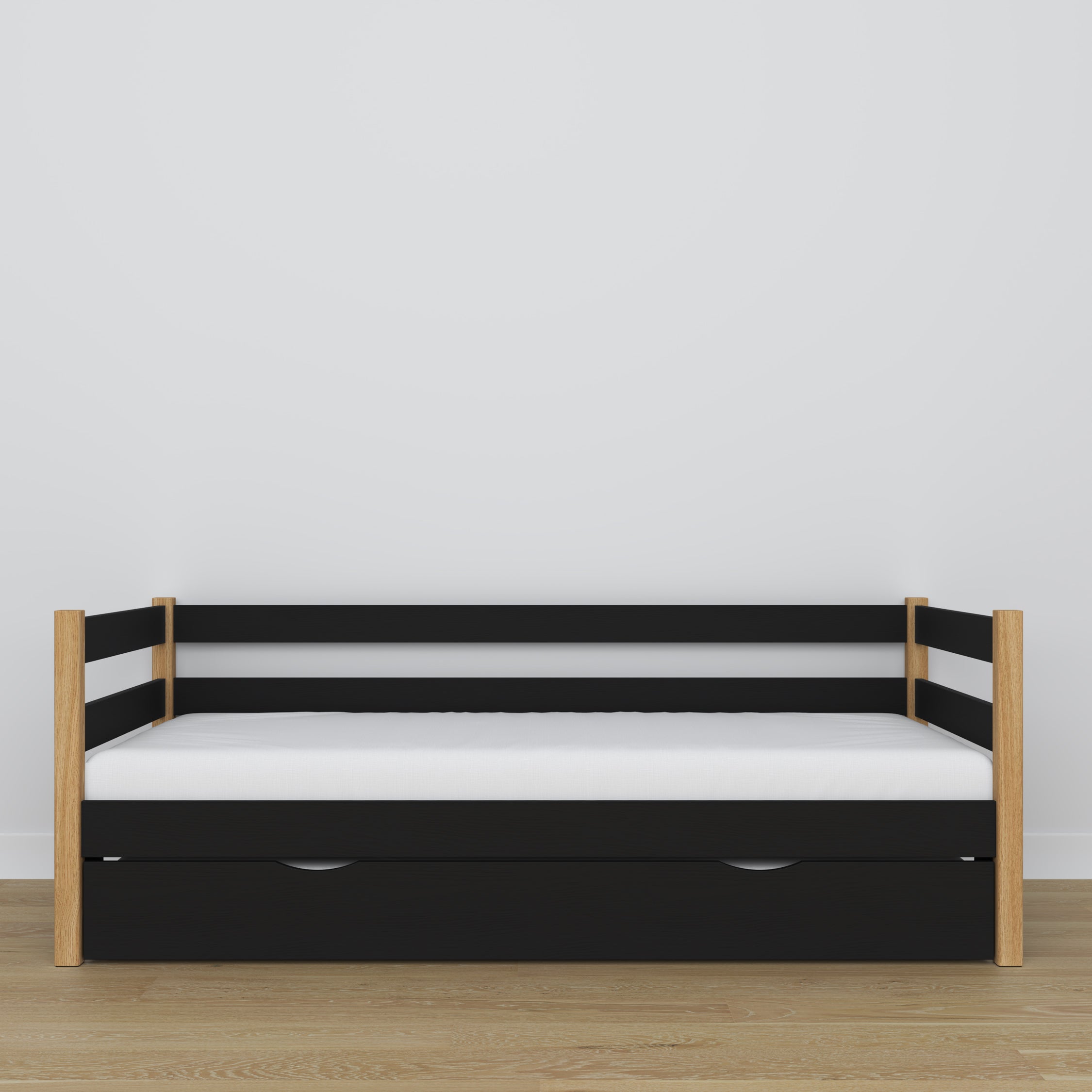 Sofa-lova su stalčiumi ant juodo ir ąžuolinio medinio čiužinio - išmatavimai, Nizio
