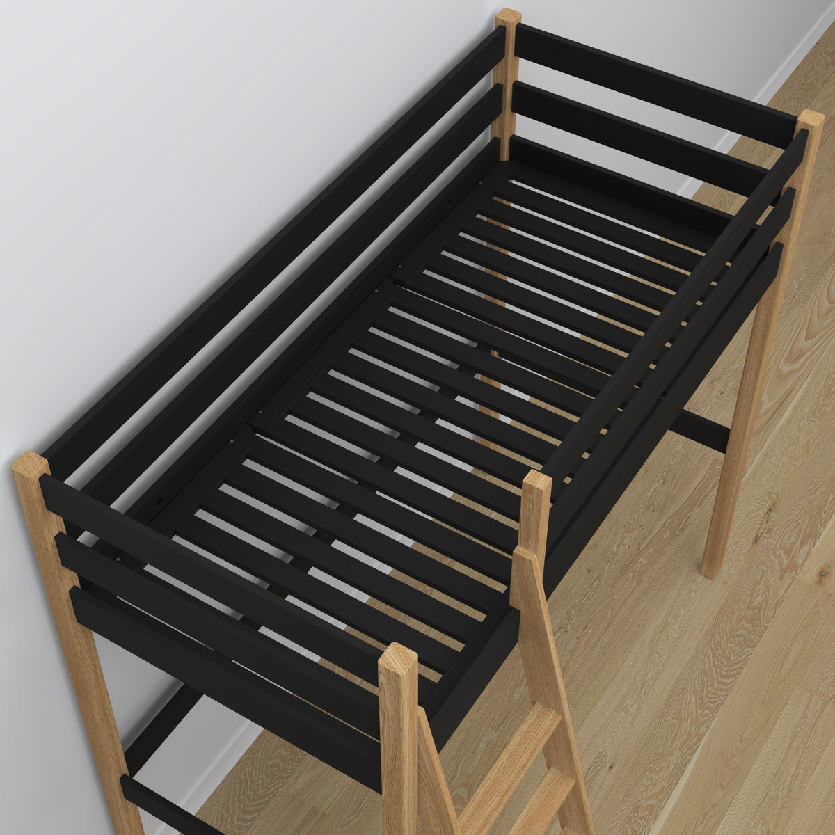 Black and Oak Wooden Loft Bed – Ladder and Joint Details, Nizio Home