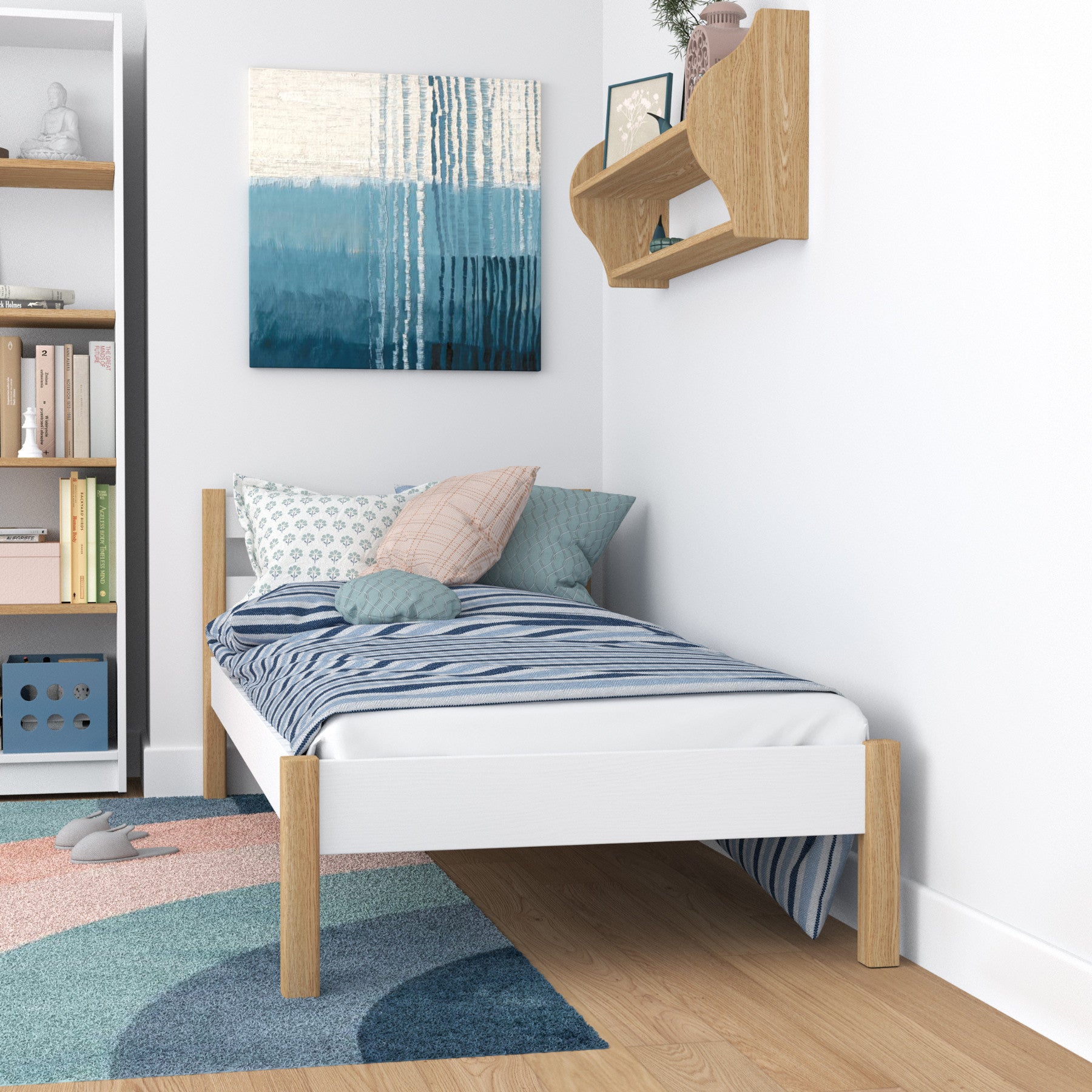 Single wooden bed white-oak – side view, furniture proportions
