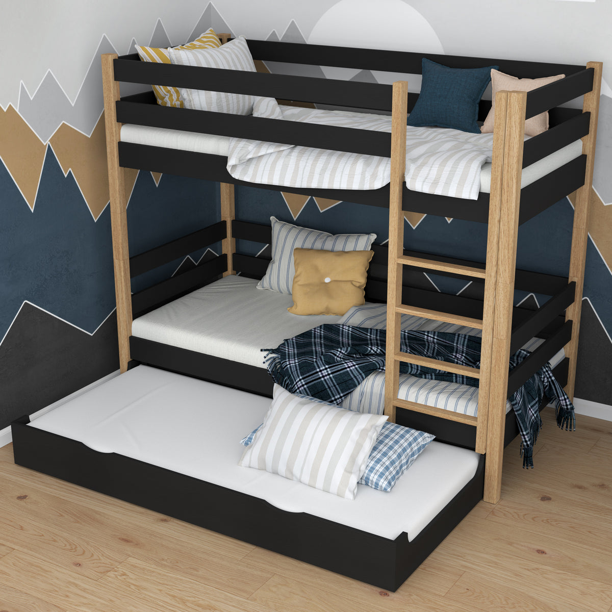 Black and Oak Bunk Bed for Children – Mattress Drawer, Wooden, Nizio
