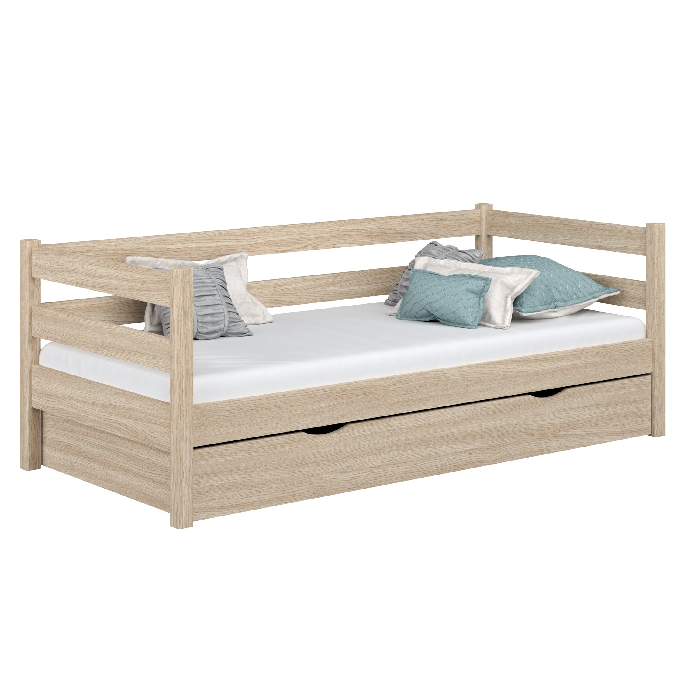 Balinto ąžuolo sofa-lova - atviras stalčius, sandėliukas patalynei
