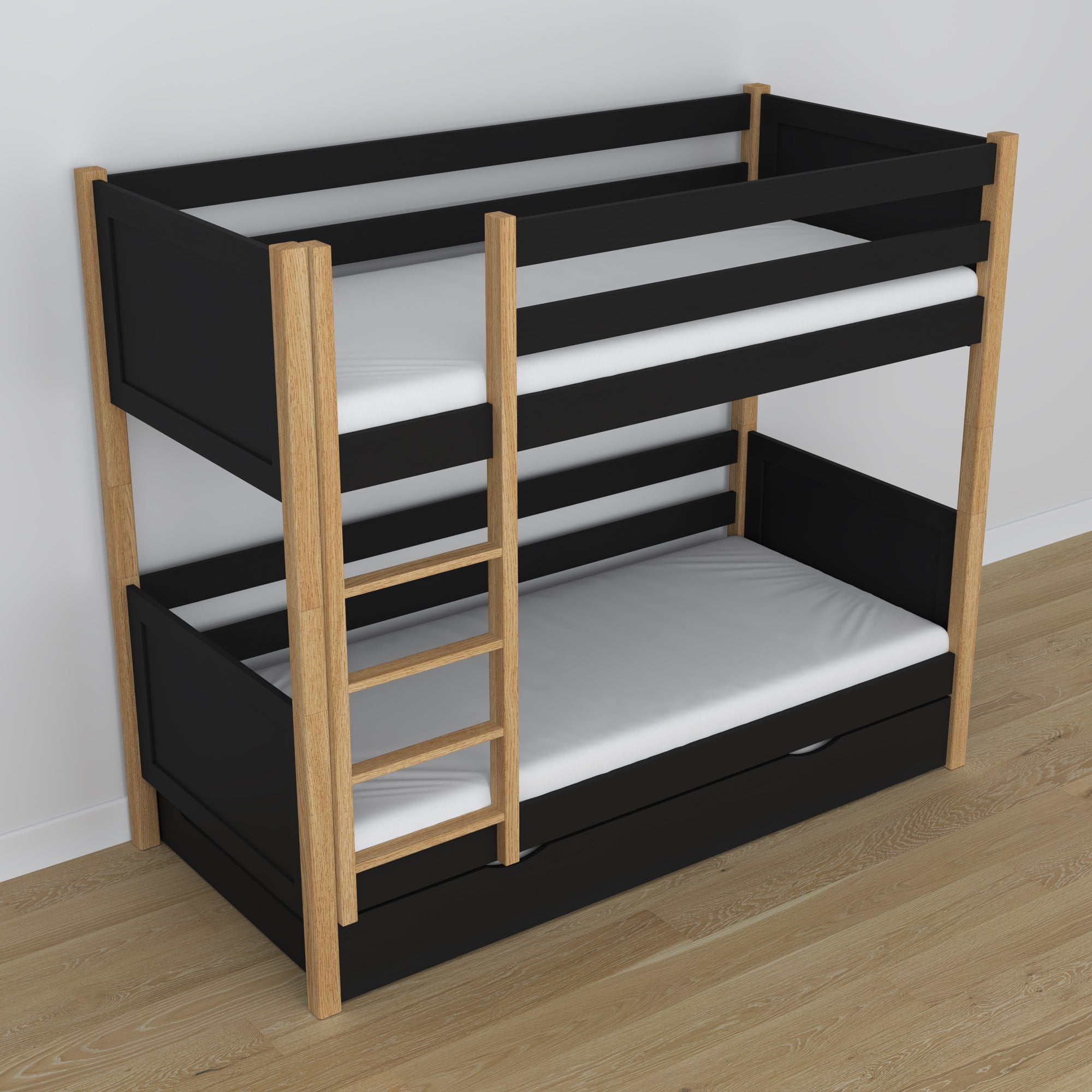 Black and oak bunk bed for children - mattress drawer, wooden, Nizio