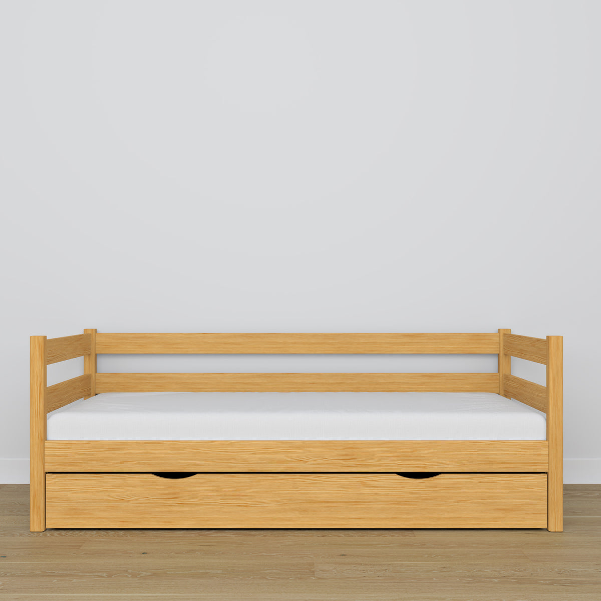 Natūralios pušies sofa-lova su stalčiumi - matmenys ir schema, Nizio