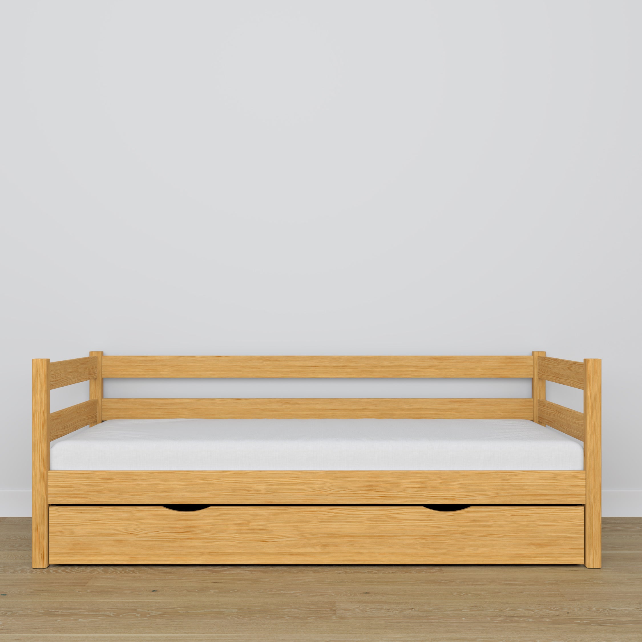 Natūralios pušies sofa-lova su stalčiumi - matmenys ir schema, Nizio