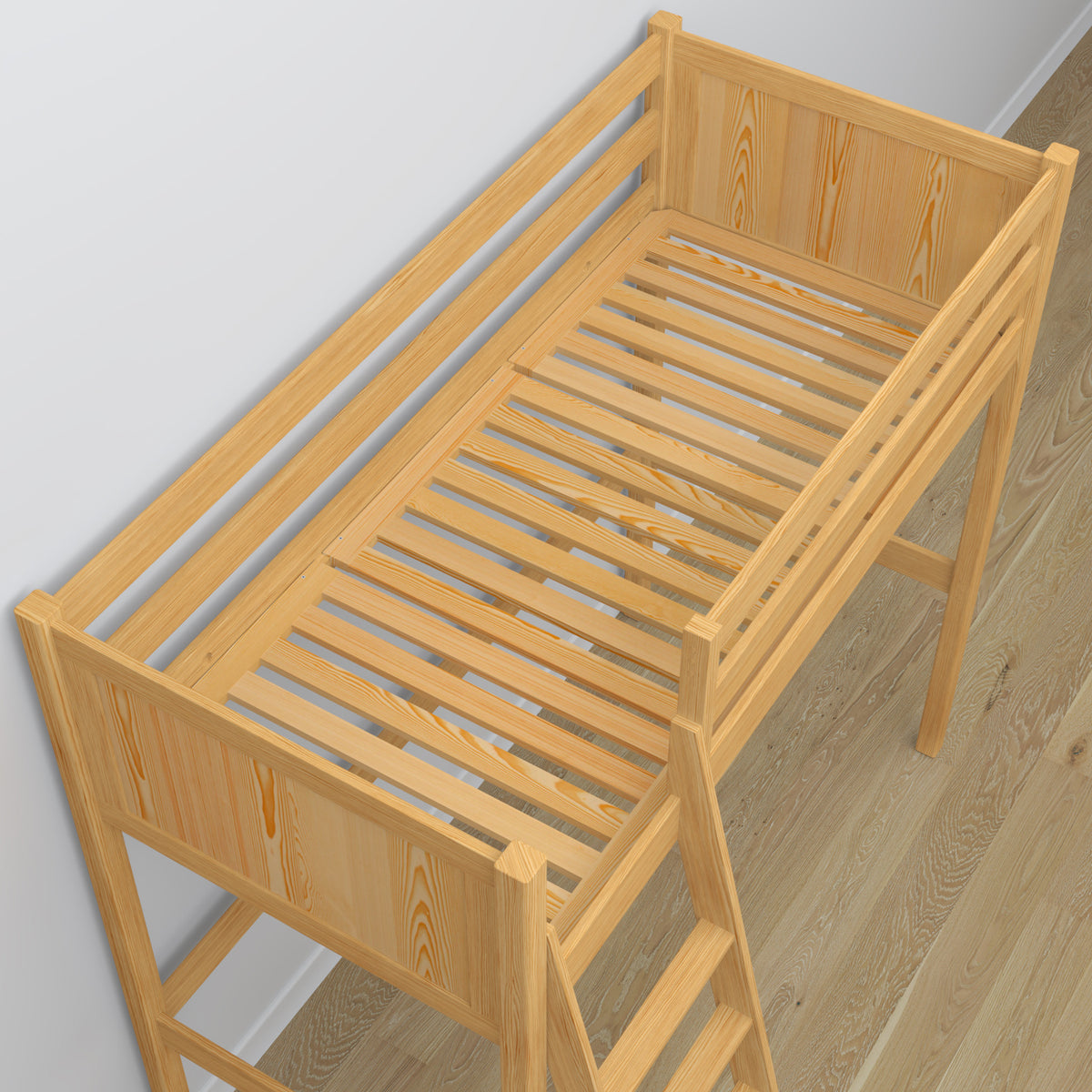 Medinė antresolinė lova, natūrali pušis - sandūrų detalės ir kopėčios, Nizio Home
