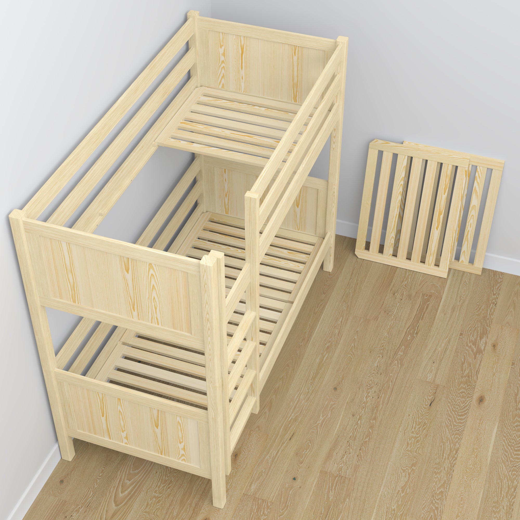 Bespalvė pušinė dviaukštė lova iš medžio - vaizdas iš šono, Nizio Home