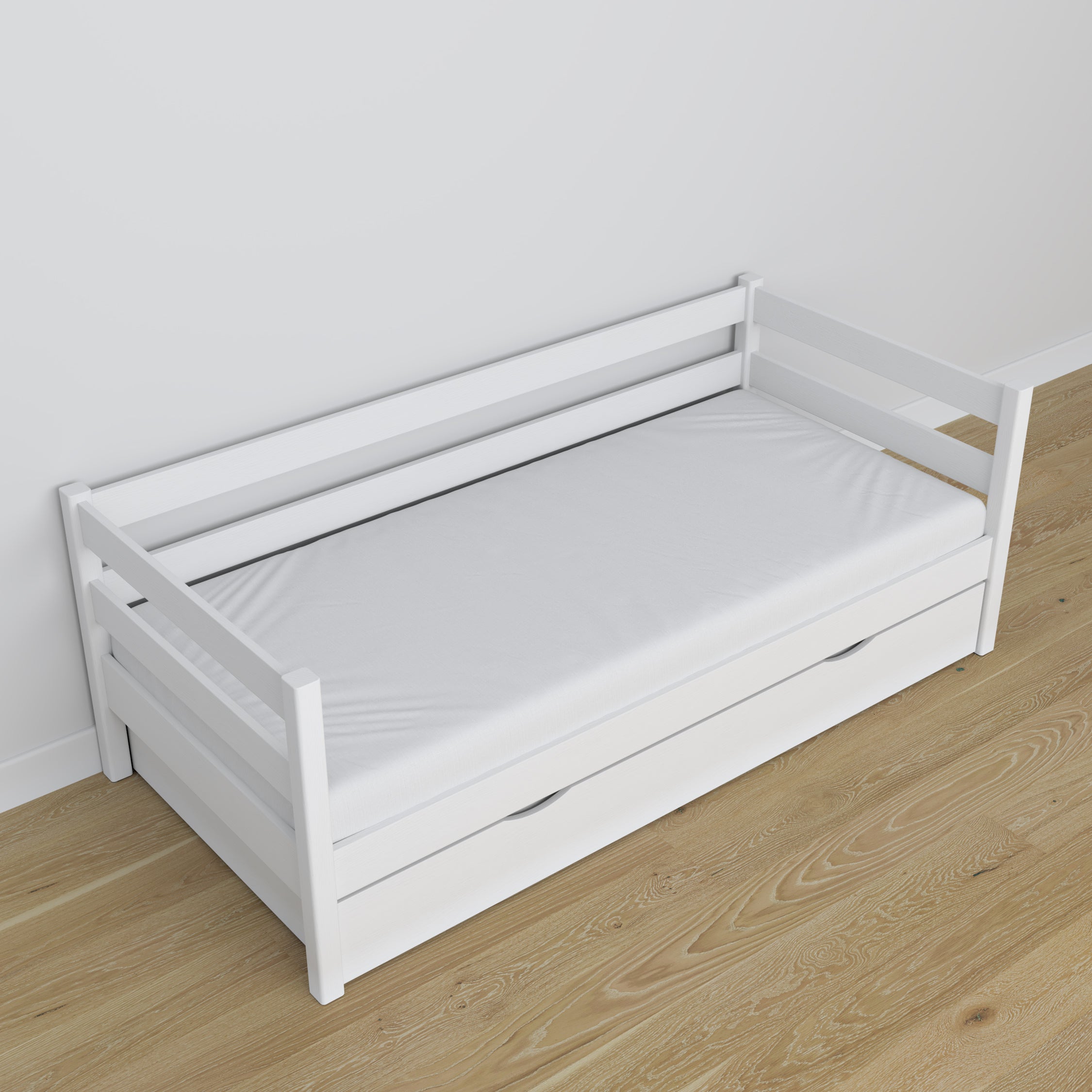 Balta medinė sofa-lova su stalčiumi - Scandi vaikų kambario išdėstymas