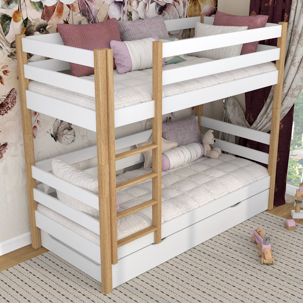 White and Oak Bunk Bed for Children – Mattress Drawer, Wooden, Nizio