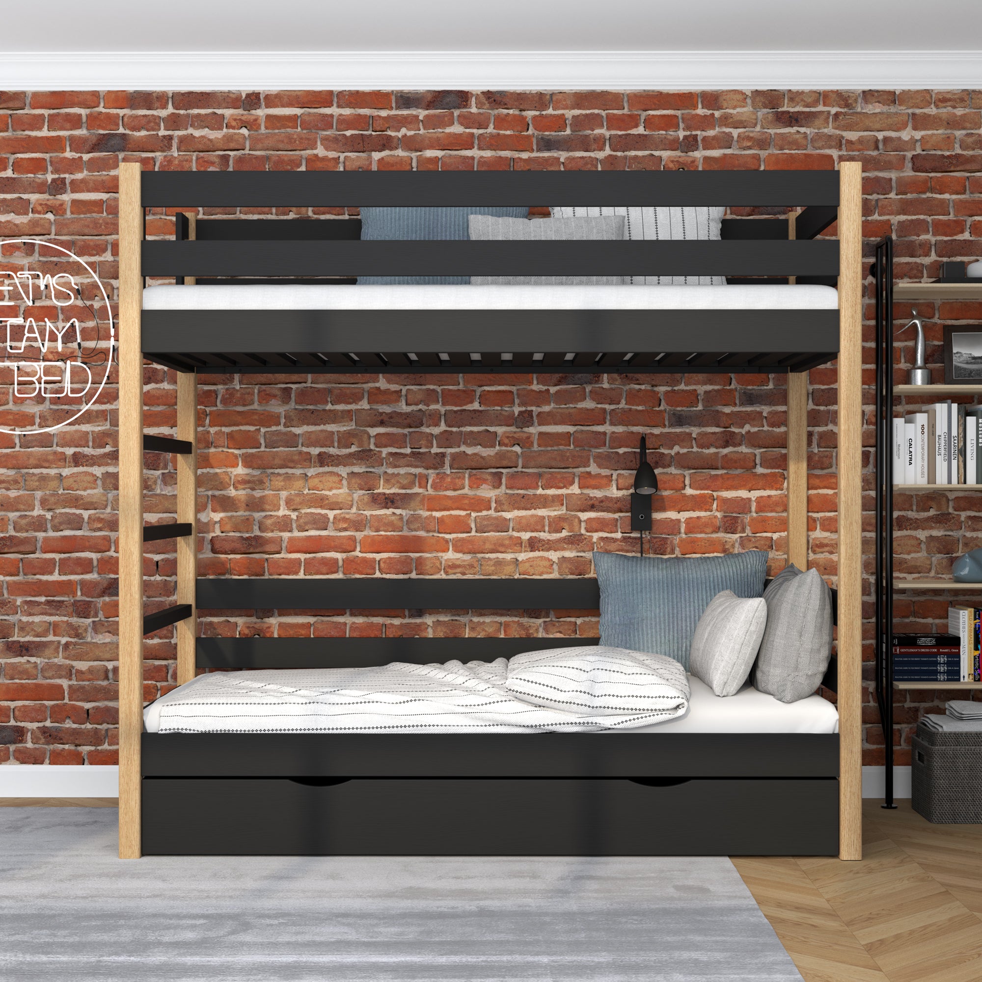 Black and oak bunk bed with a drawer - wooden railing and ladder, Nizio