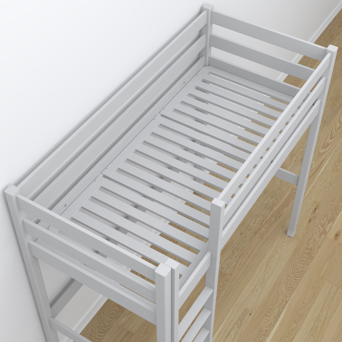 Pilka medinė antresolinė lova - sandūrų ir kopėčių detalės, Nizio Home