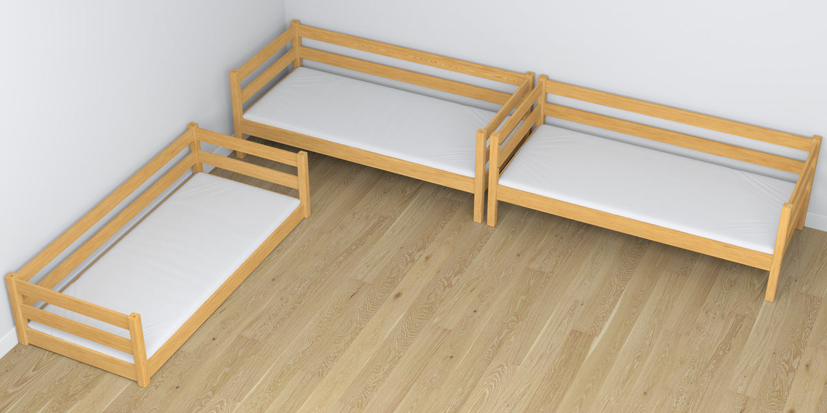 3 aukštų medinė lova, natūrali pušis - sandūros ir konstrukcijos detalės stambiu planu