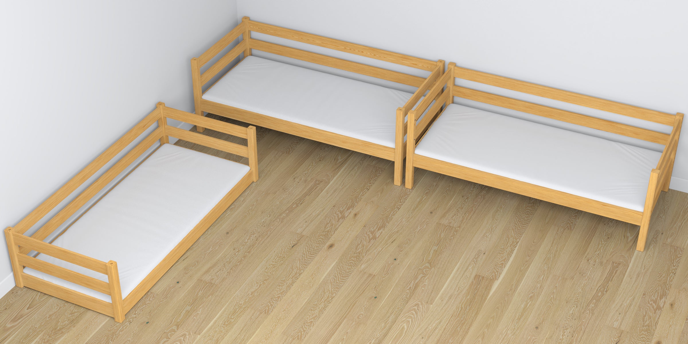 3 aukštų medinė lova, natūrali pušis - sandūros ir konstrukcijos detalės stambiu planu