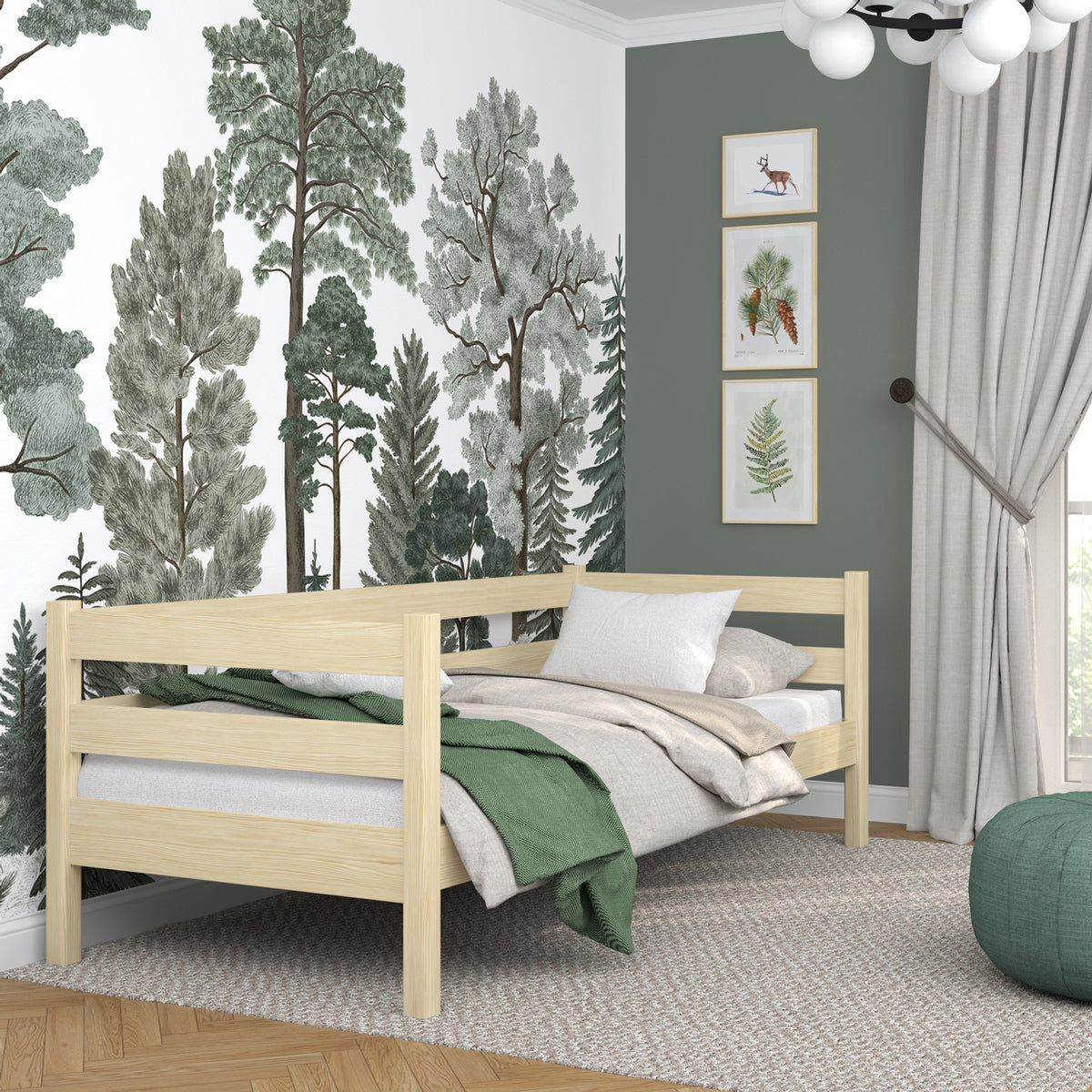 Medinė sofa-lova, bespalvė pušis - vaizdas iš šono, baldų korpusas ir proporcijos