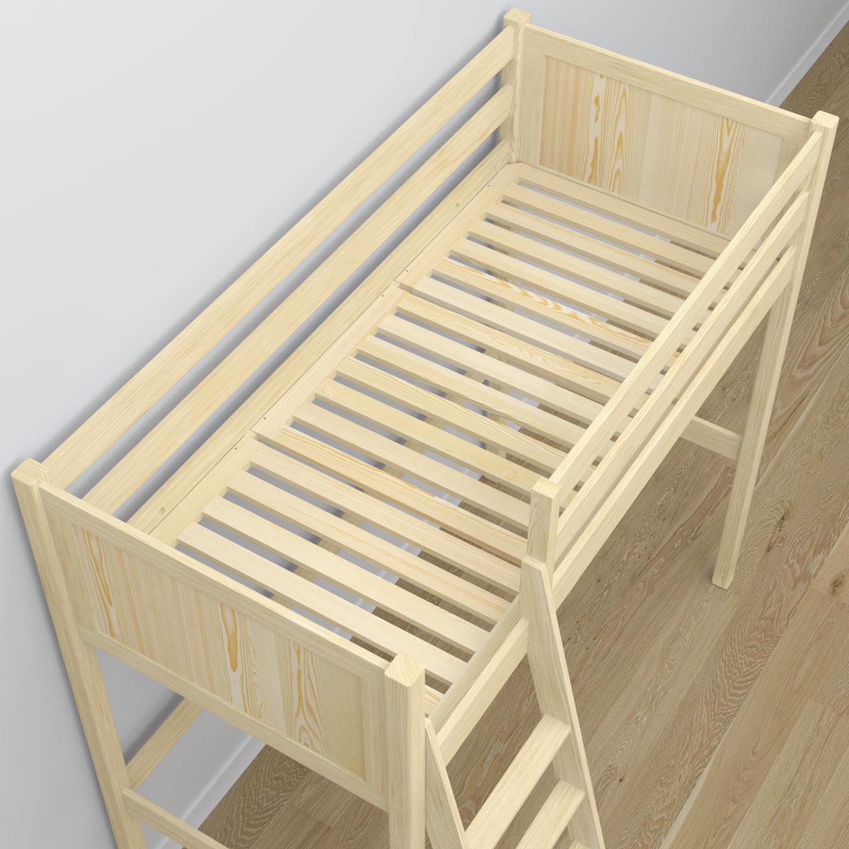 Medinė mezonino lova iš skaidrios pušies - sandūrų detalės ir kopėčios, Nizio Home
