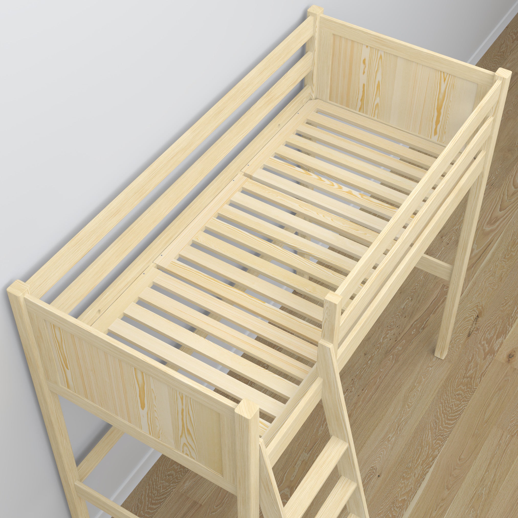 Medinė mezonino lova iš skaidrios pušies - sandūrų detalės ir kopėčios, Nizio Home