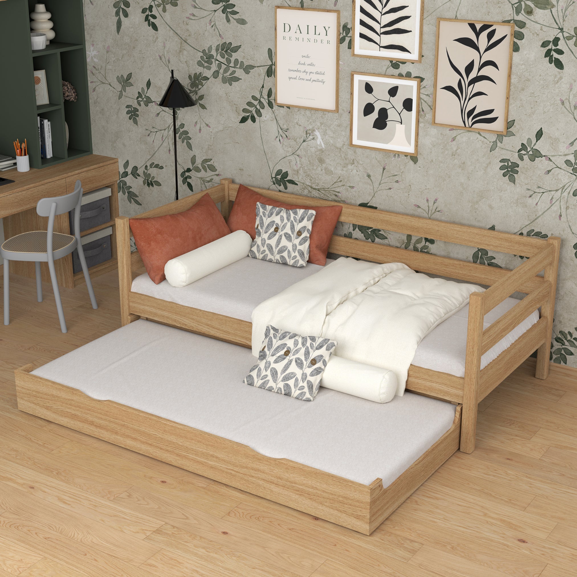 Natūralaus ąžuolo sofa-lova su stalčiumi čiužiniui - vaikų kambaryje, scandi