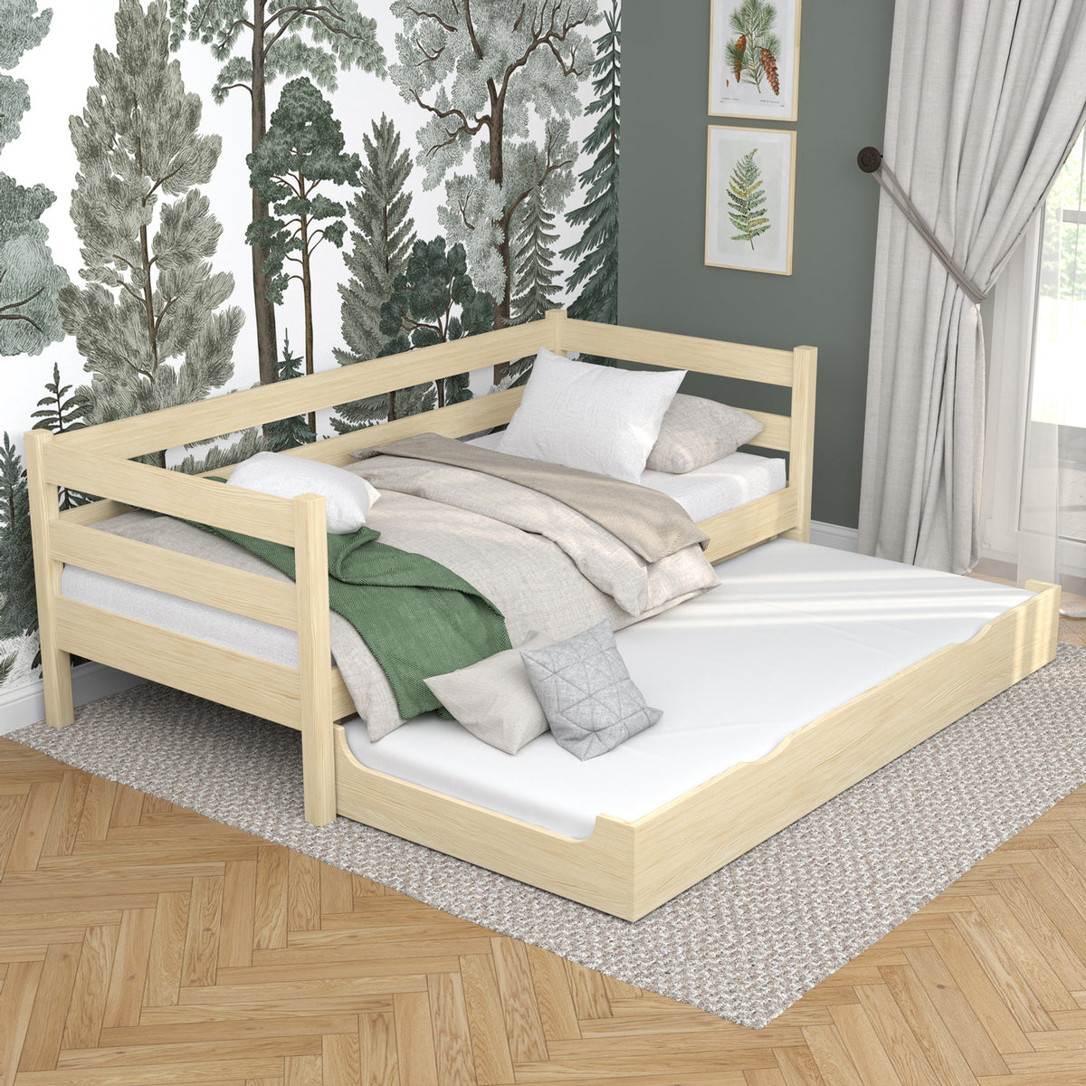 Medinė sofa-lova, bespalvė pušis - čiužinio stalčius prailgintas, svečiams