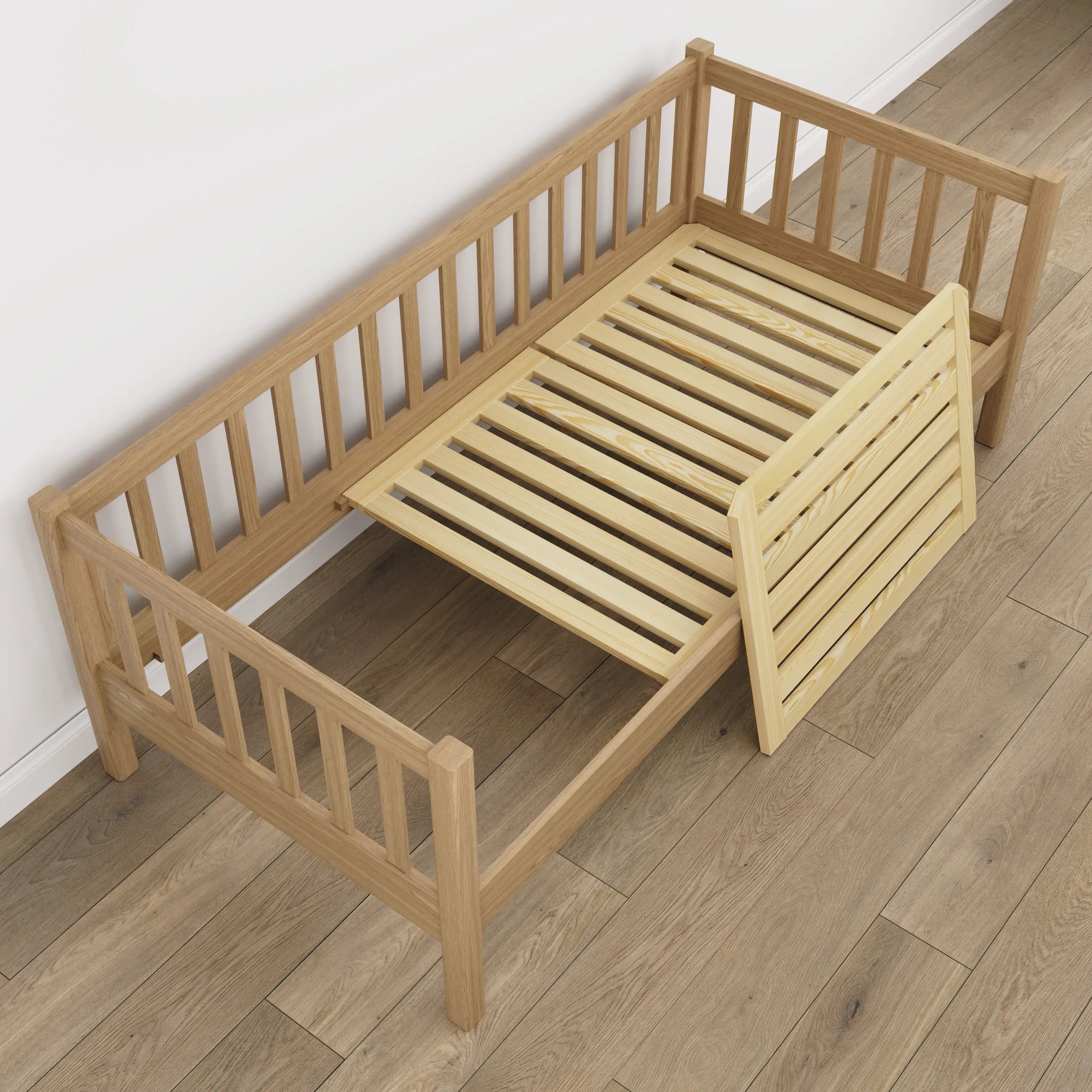 Natūralaus ąžuolo sofa-lova - vaizdas įstrižai, skandinaviško stiliaus