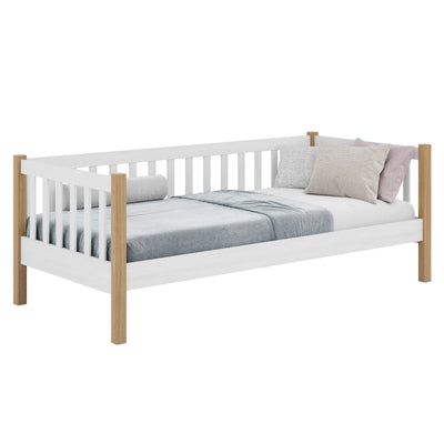 Balta medinė sofa-lova su ąžuolu - vaikų kambarys, skandinaviško stiliaus Nizio
