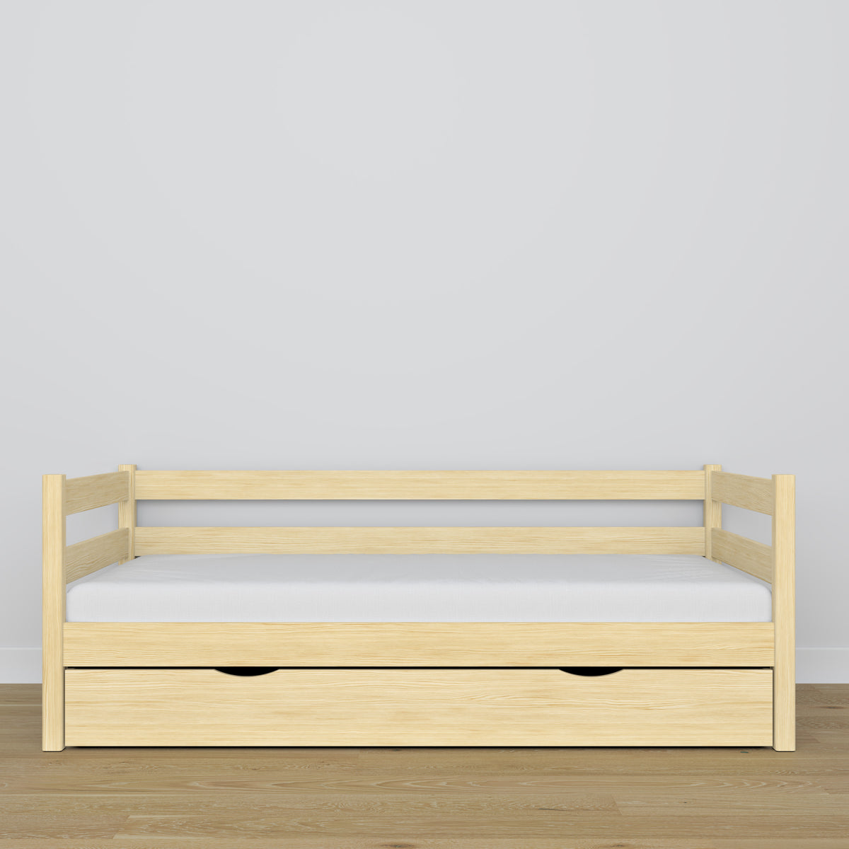 Bespalvė pušinė sofa-lova su stalčiumi iš medžio - matmenys ir schema, Nizio