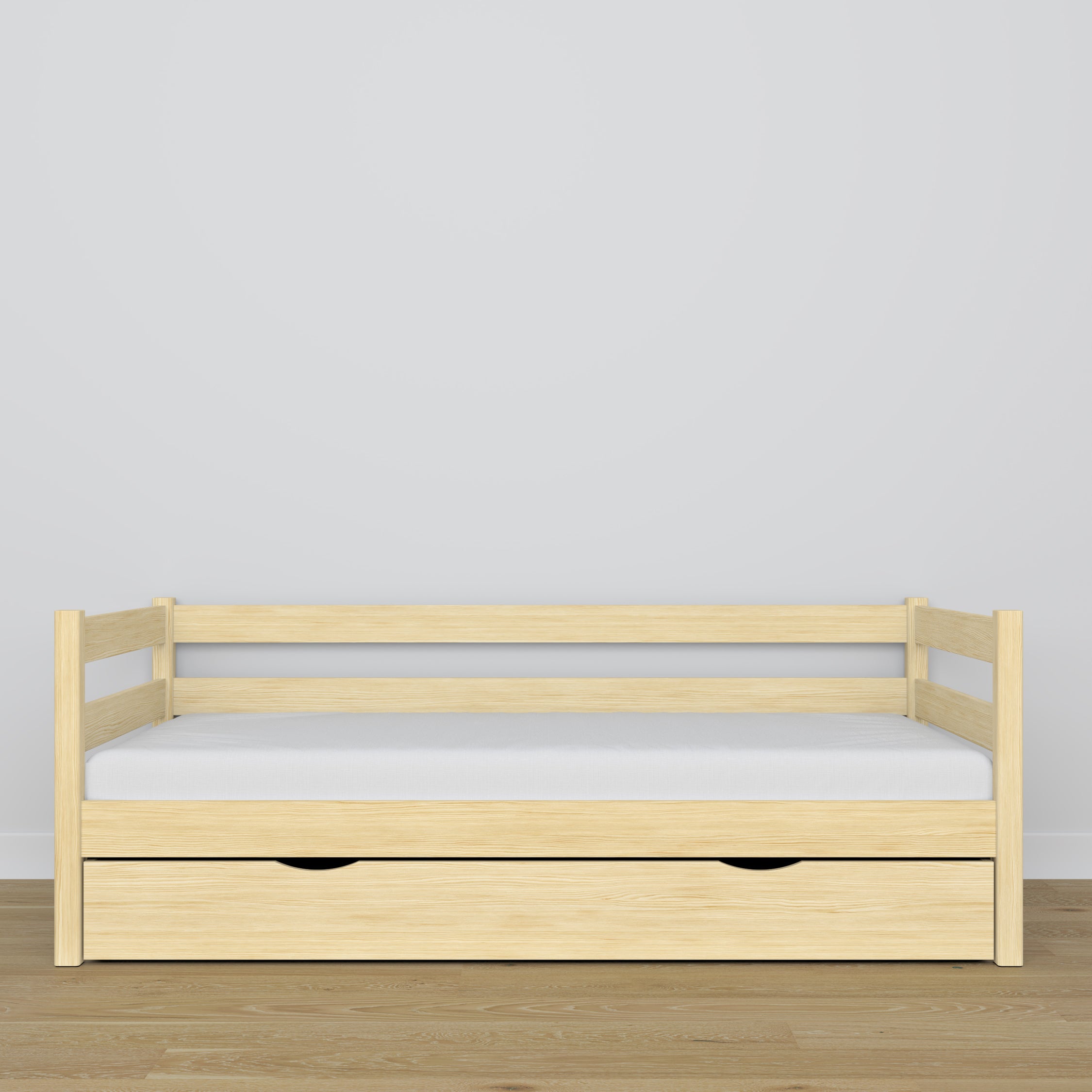 Bespalvė pušinė sofa-lova su stalčiumi iš medžio - matmenys ir schema, Nizio