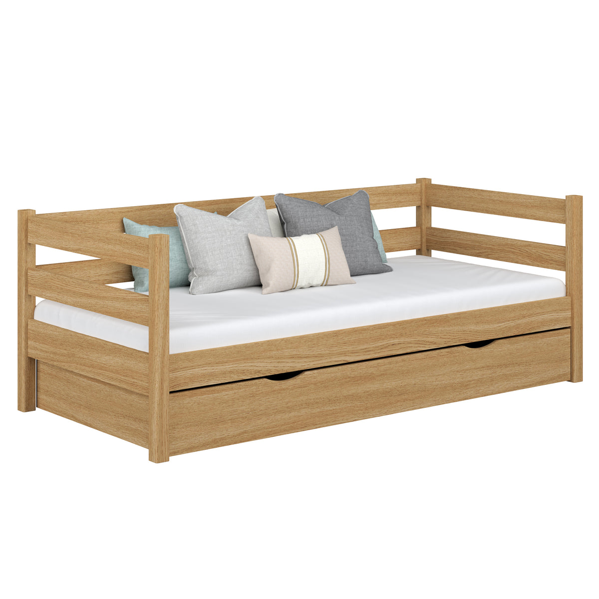 Natūralaus ąžuolo sofa-lova su stalčiumi - vaikų kambarys, skandi stiliaus Nizio