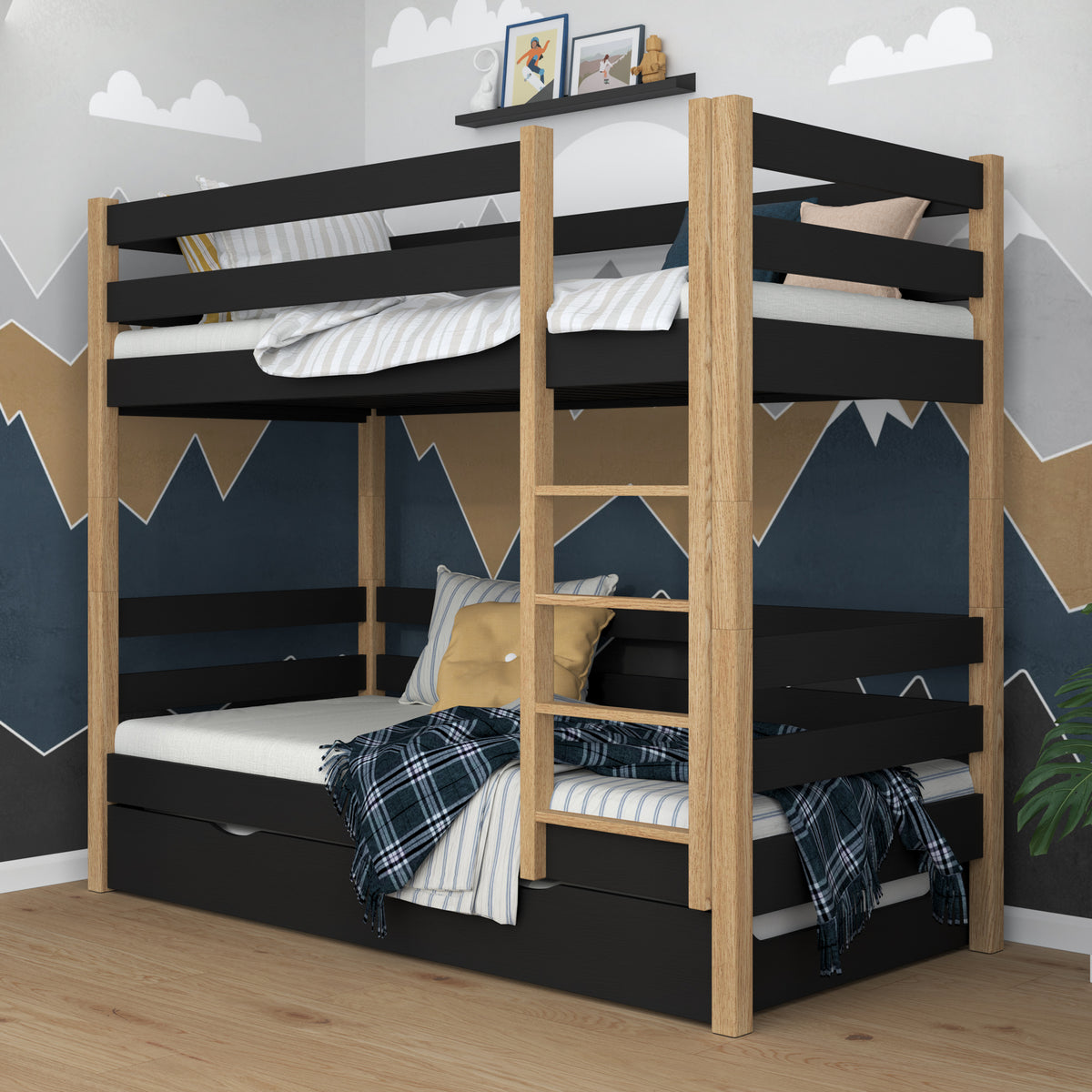 Black and Oak Wooden Bunk Bed – Ladder, Rails, Drawer for Extra Mattress