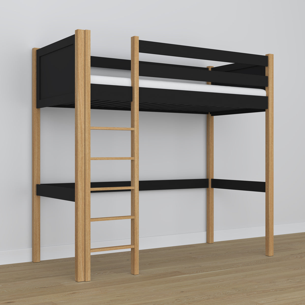 Loft bed black/oak in children’s room – scandi arrangement, wooden
