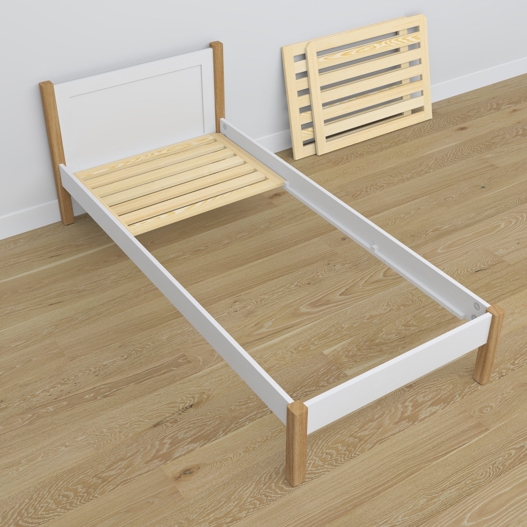 Wooden bed with drawer white-oak – headboard, close-up of wood quality