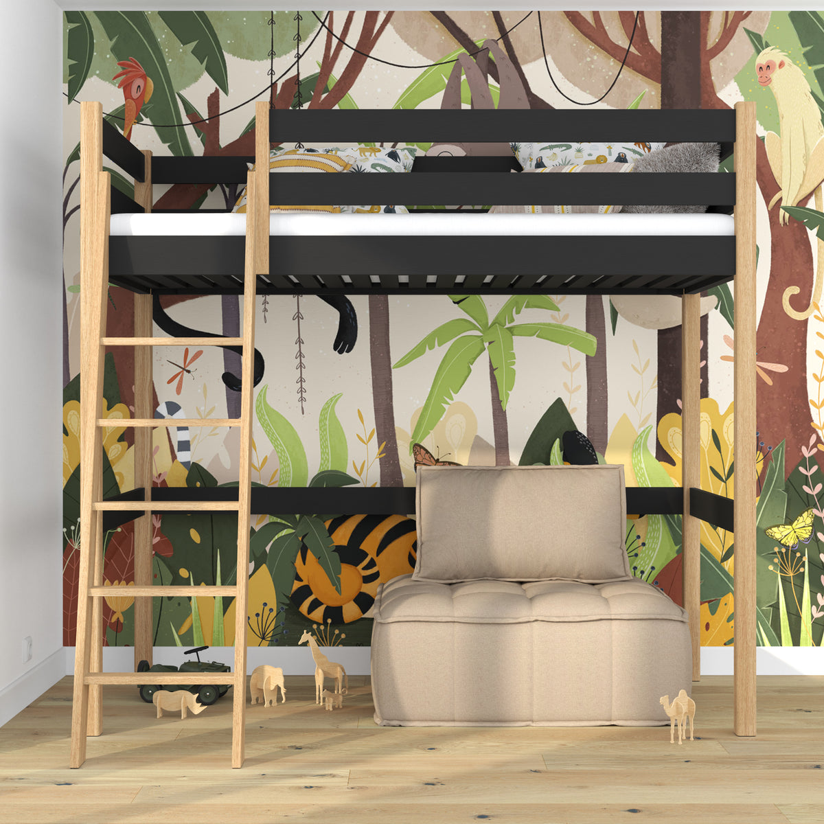 Loft bed black/oak – wooden ladder and safety rail, Nizio Home