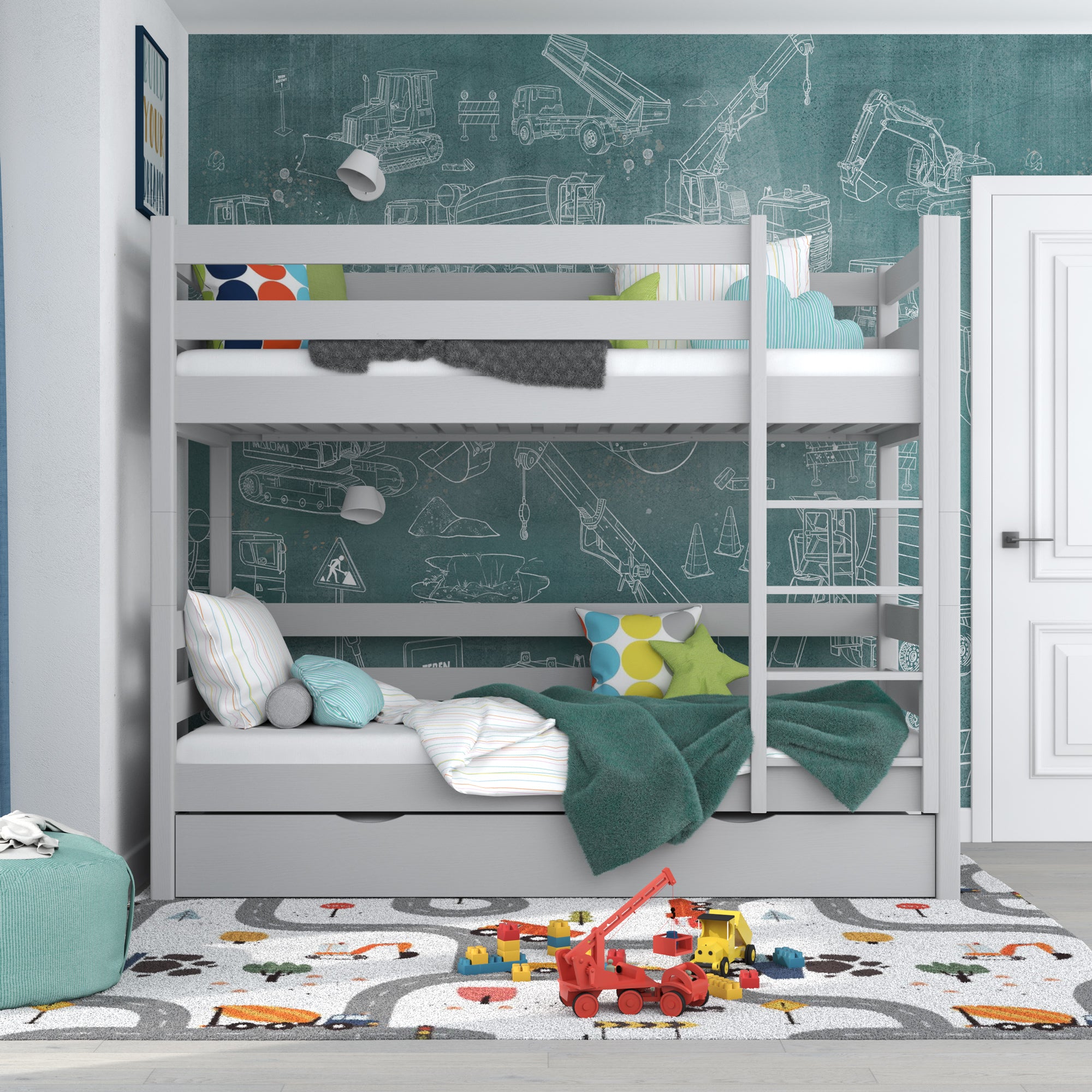 Pilka dviaukštė lova su čiužinio stalčiumi - turėklai, medinė, Nizio Home