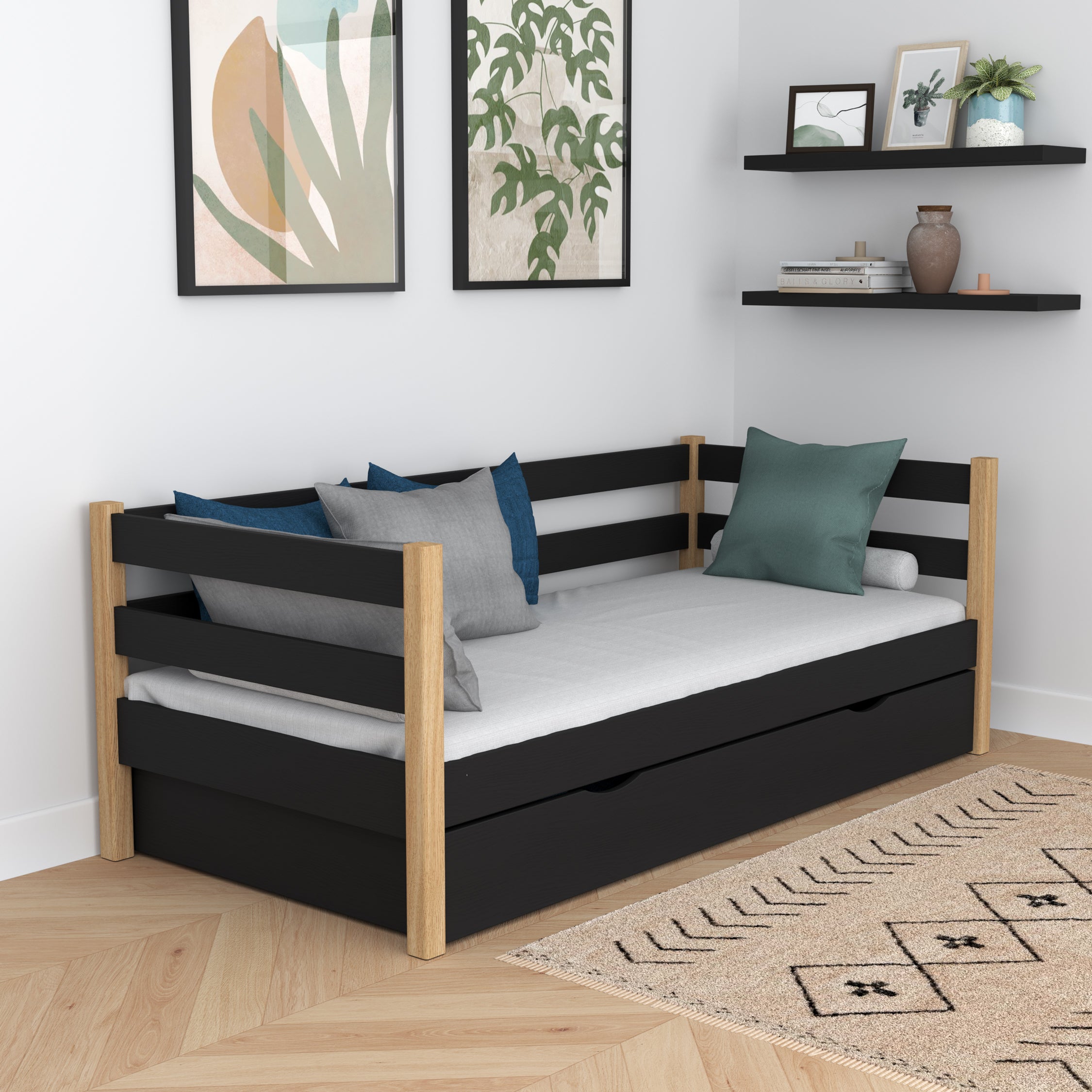 Juodos ir ąžuolo sofa-lova - medinė šoninė užtvara, vaizdas iš šono, Nizio