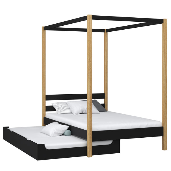 Wooden canopy bed with mattress drawer black-oak – scandi child’s room