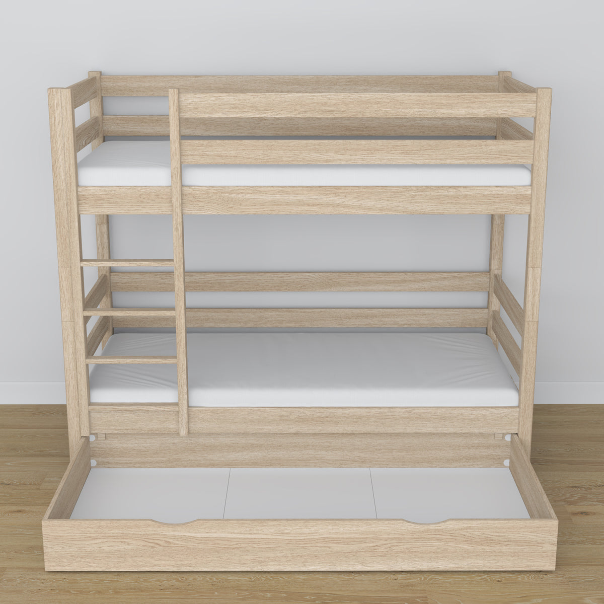 Bunk bed in bleached oak - oak frame with slats, side view