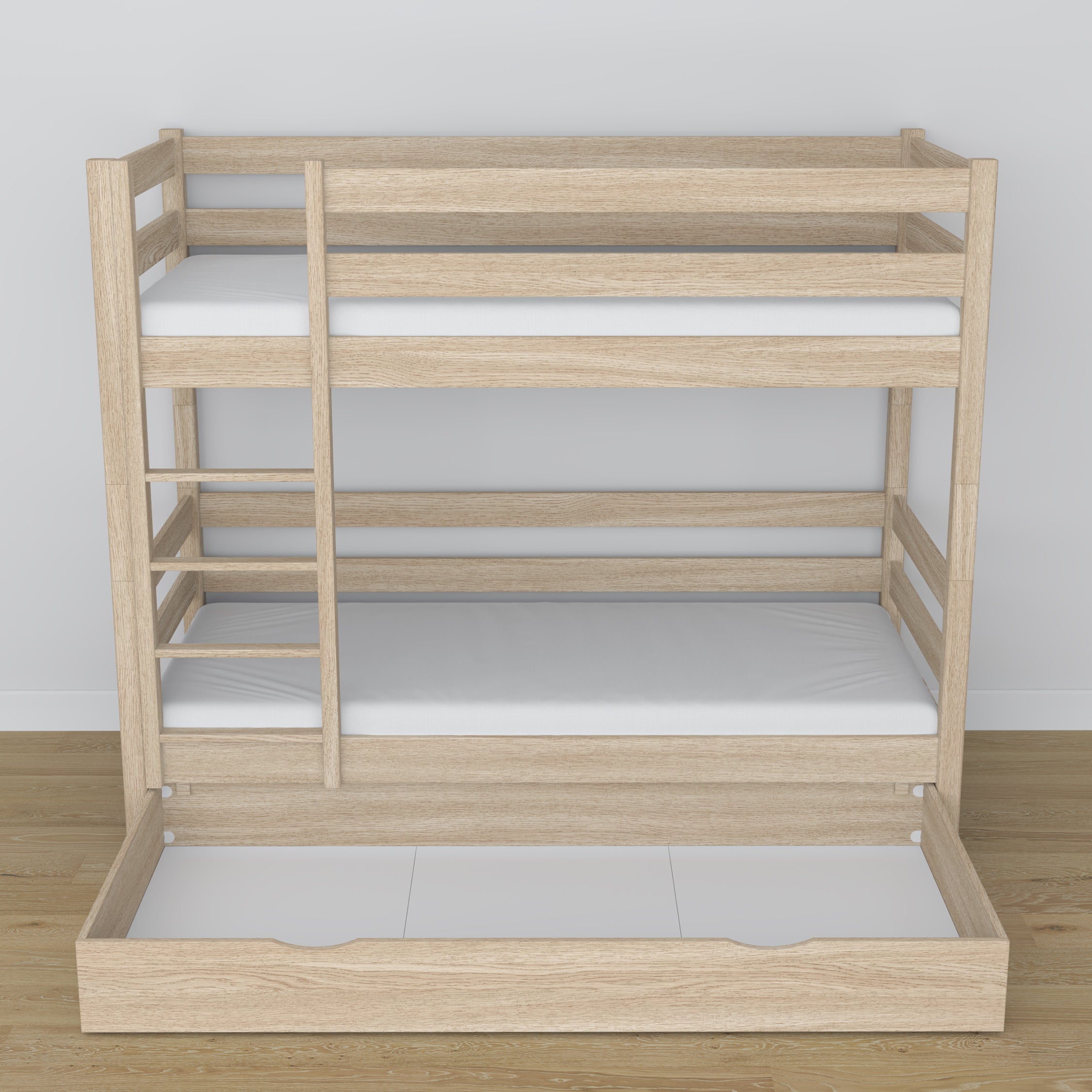 Bunk bed in bleached oak - oak frame with slats, side view