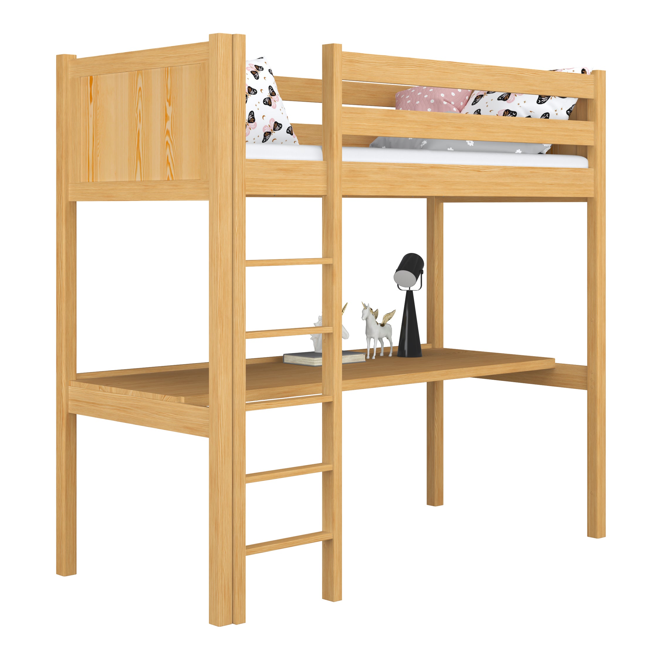 Natural Pine Wooden Loft Bed with Desk – Children’s Room, Scandi Nizio