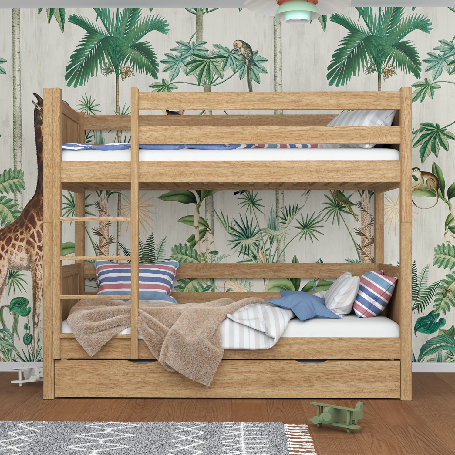 Natural Oak Bunk Bed with Mattress Drawer – Safety Rail, Oak, Nizio Home