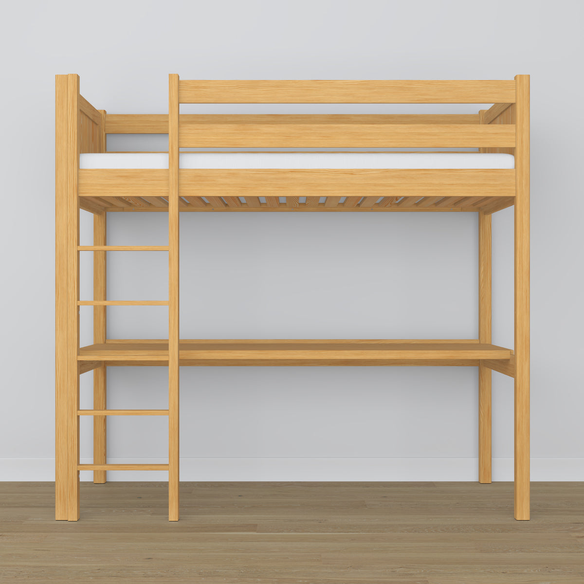 Loft bed natural pine with desk – study space under the sleeping area, wooden