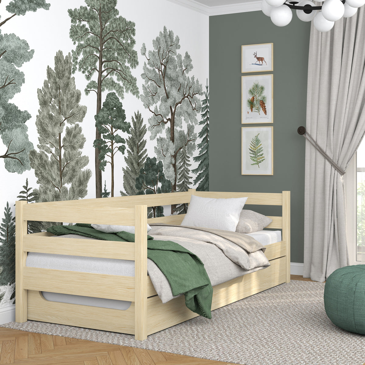 Spalvinga pušinė sofa-lova su čiužinio stalčiumi – medinė, Nizio Home
