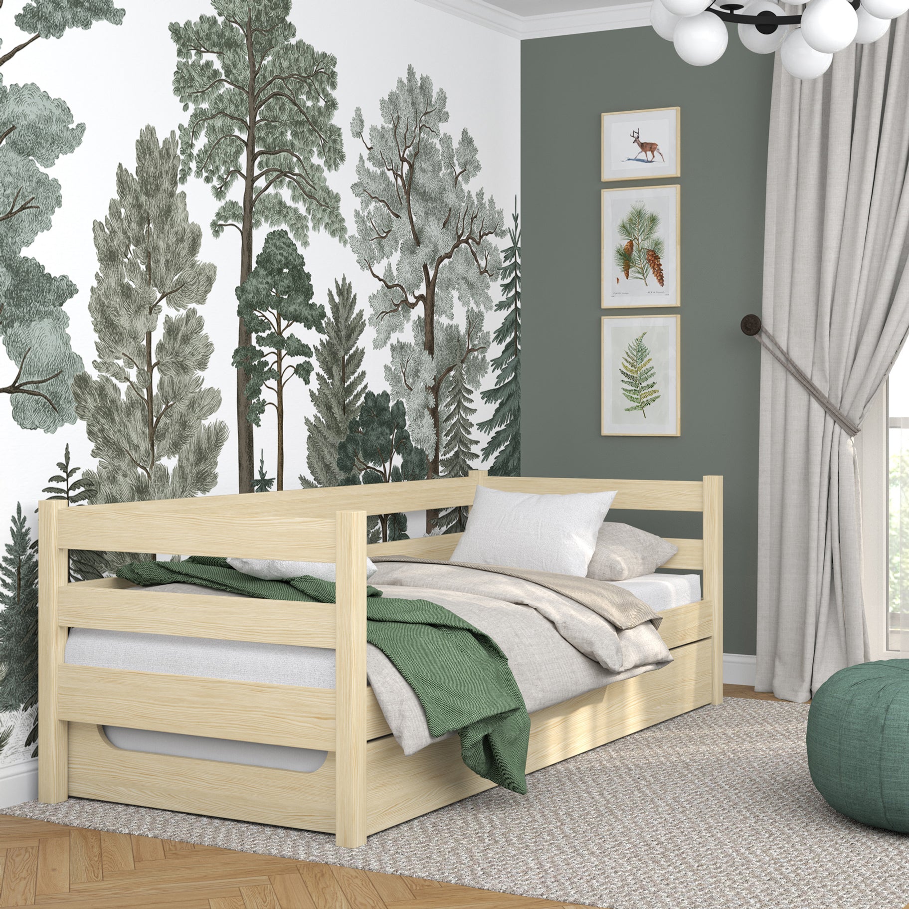 Spalvinga pušinė sofa-lova su čiužinio stalčiumi – medinė, Nizio Home