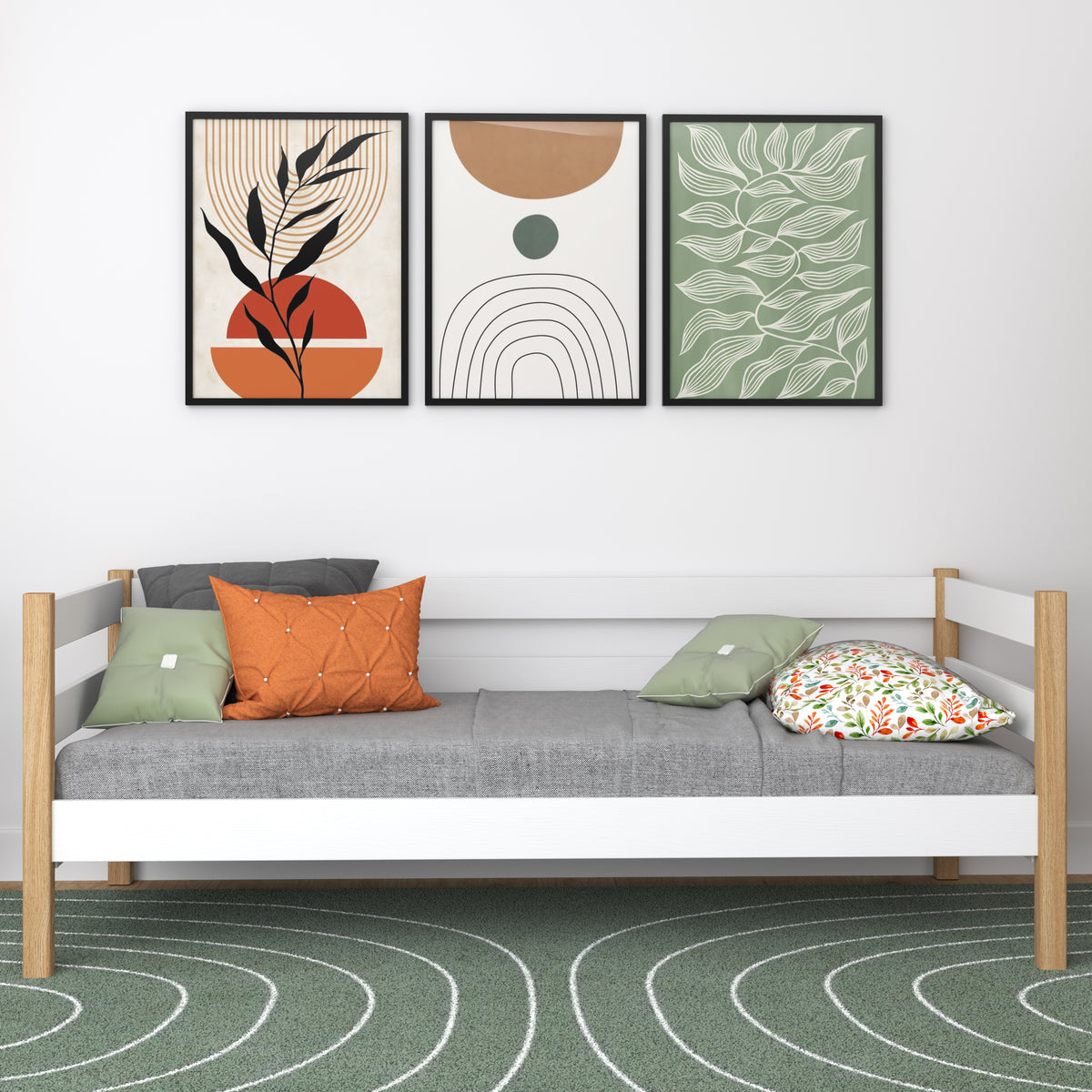 Balta ir ąžuolinė sofa-lova - medinis šoninis barjeras, saugus vaikams