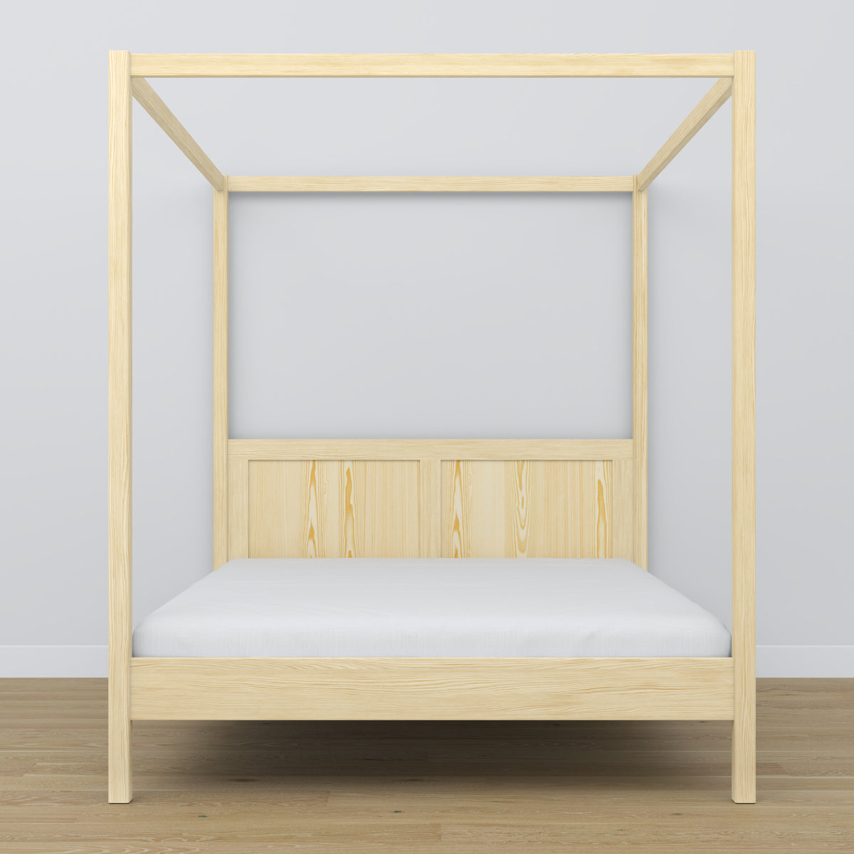 Wooden double bed with canopy clear pine – headboard and frame, close-up